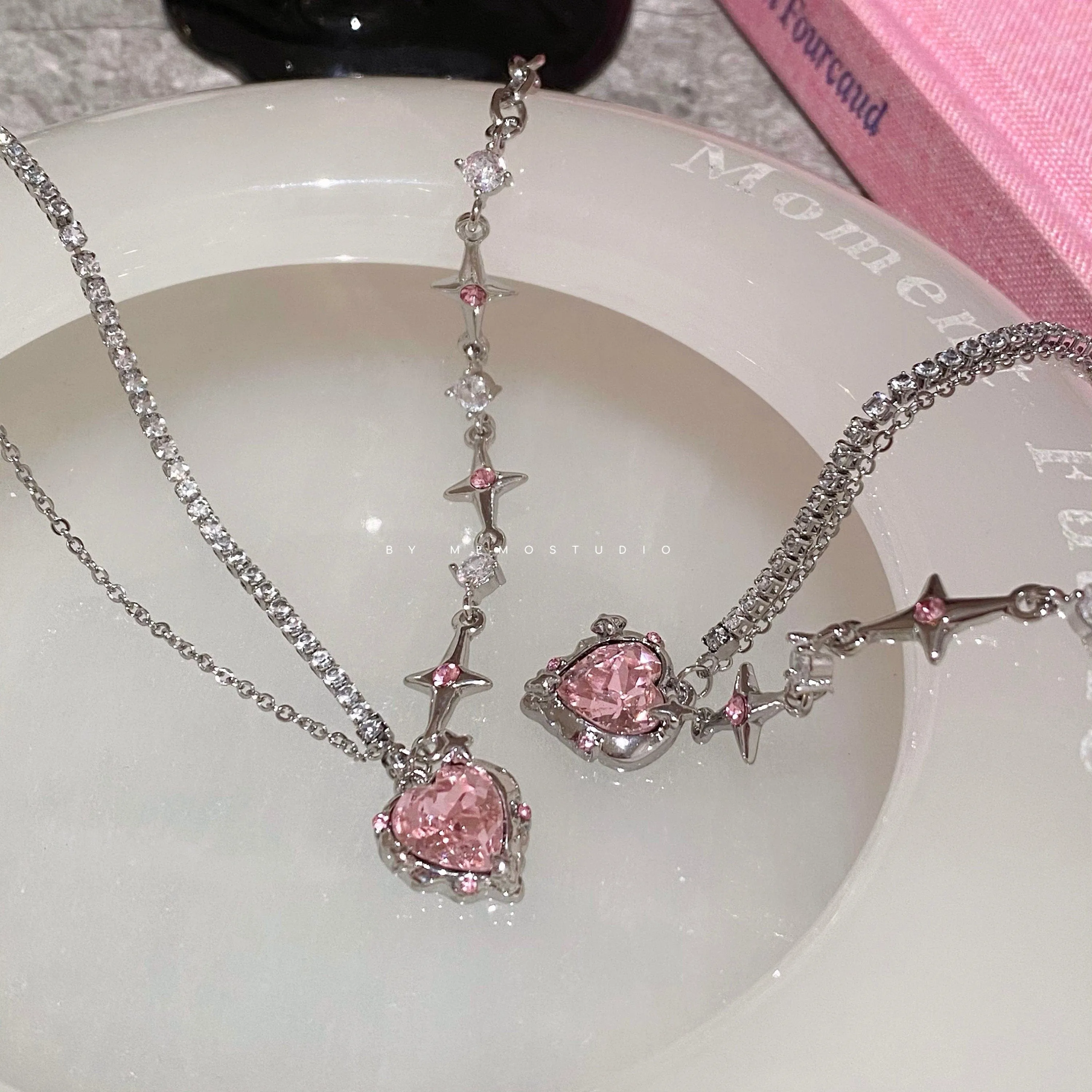 Chic Layered CZ Inlaid Pink Crystal Heart Pendant Star Chain Necklace