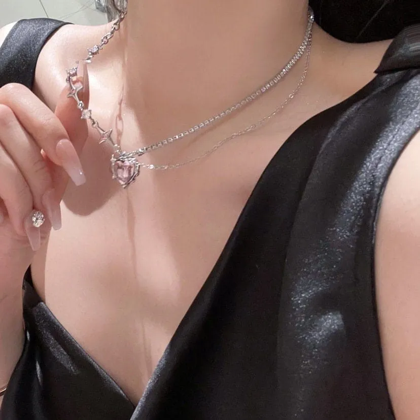 Chic Layered CZ Inlaid Pink Crystal Heart Pendant Star Chain Necklace