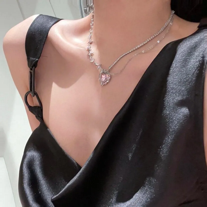 Chic Layered CZ Inlaid Pink Crystal Heart Pendant Star Chain Necklace