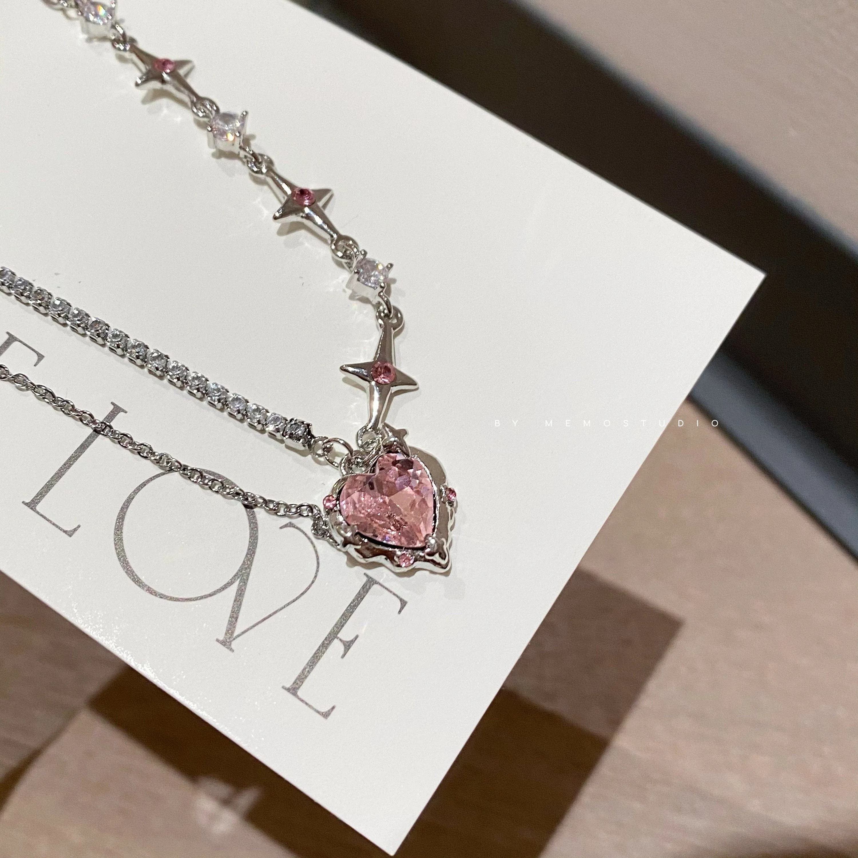 Chic Layered CZ Inlaid Pink Crystal Heart Pendant Star Chain Necklace