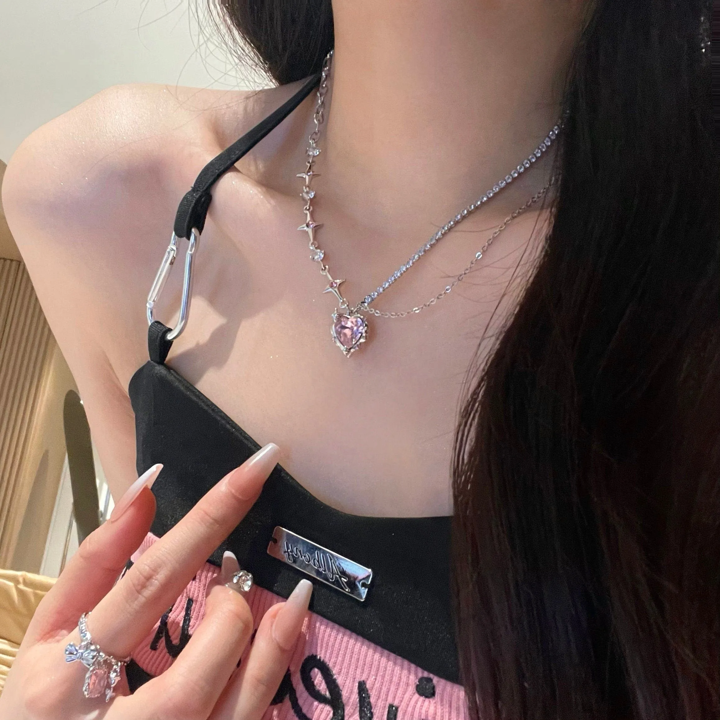 Chic Layered CZ Inlaid Pink Crystal Heart Pendant Star Chain Necklace
