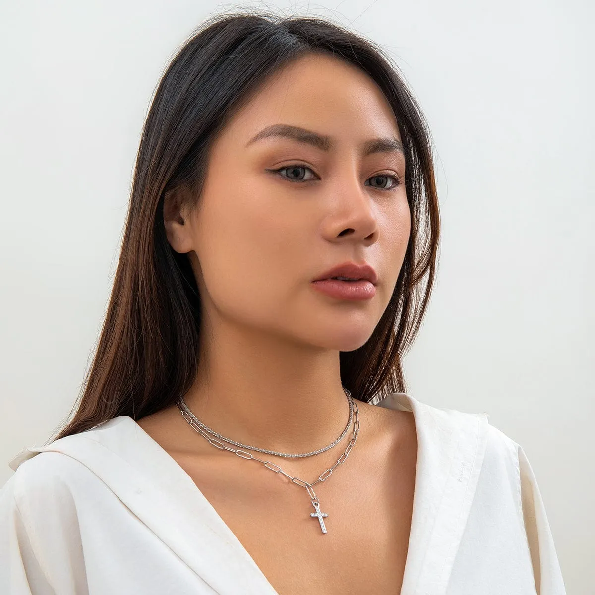 Chic Layered Rhinestone Inlaid Cross Pendant Cable Chain Necklace Set