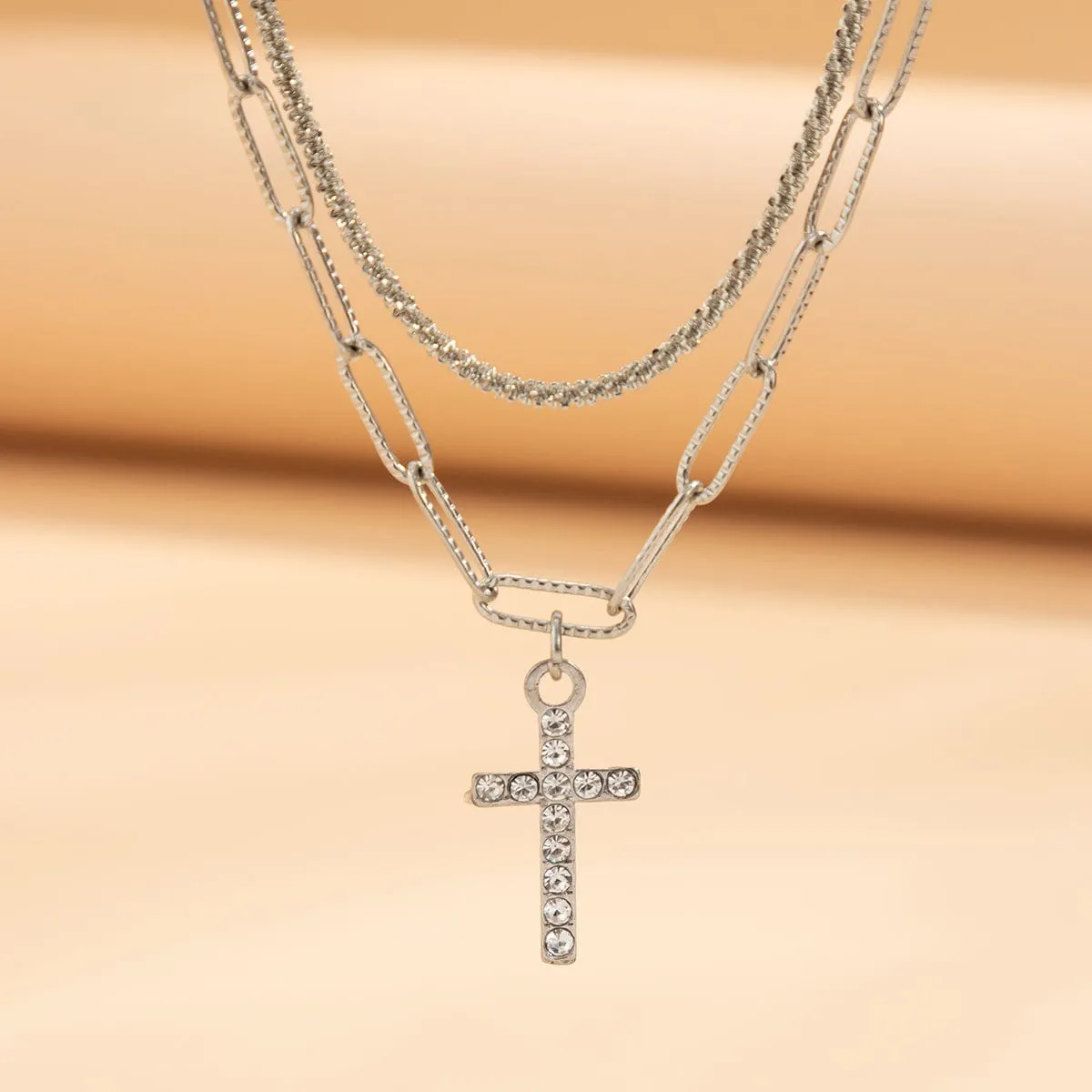 Chic Layered Rhinestone Inlaid Cross Pendant Cable Chain Necklace Set