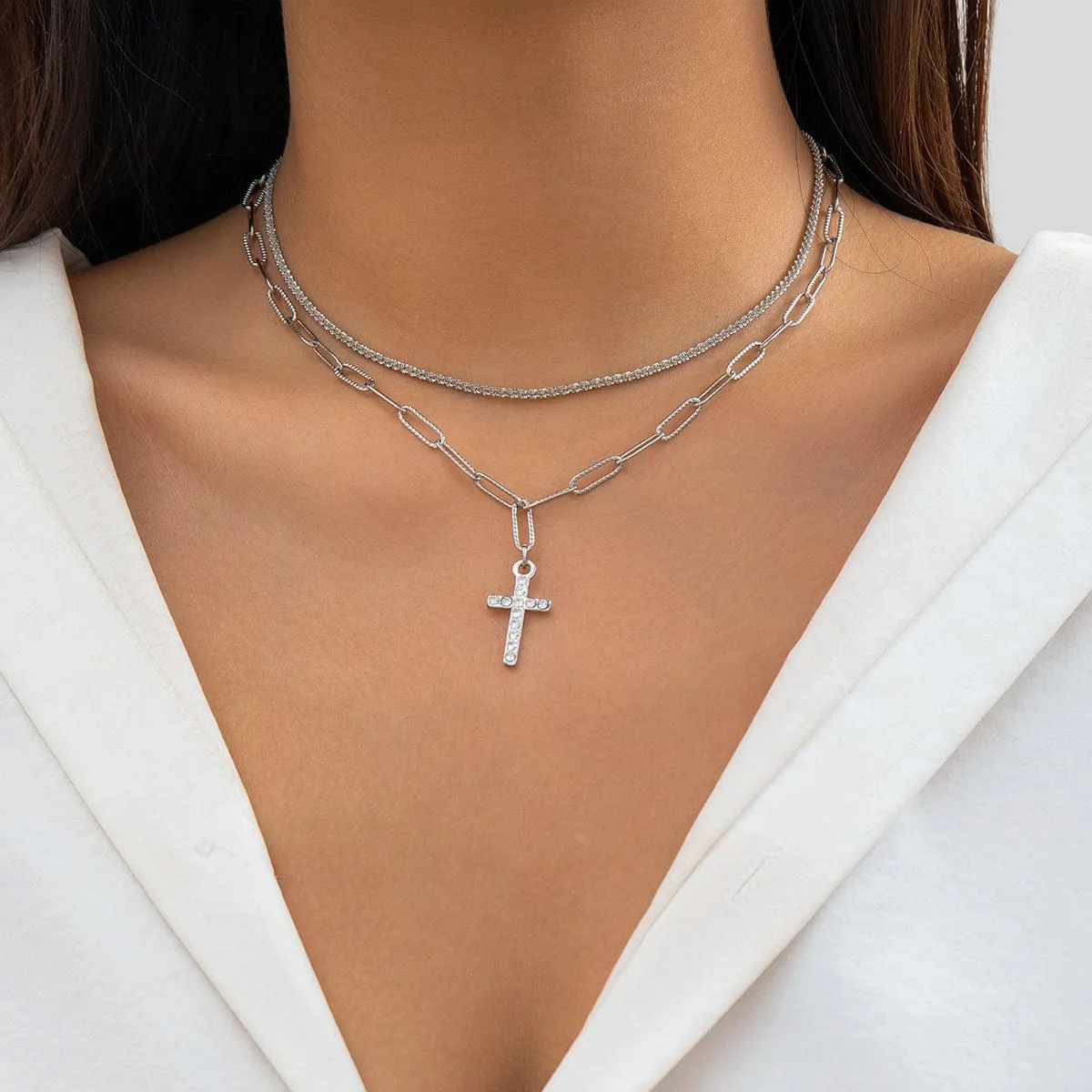 Chic Layered Rhinestone Inlaid Cross Pendant Cable Chain Necklace Set