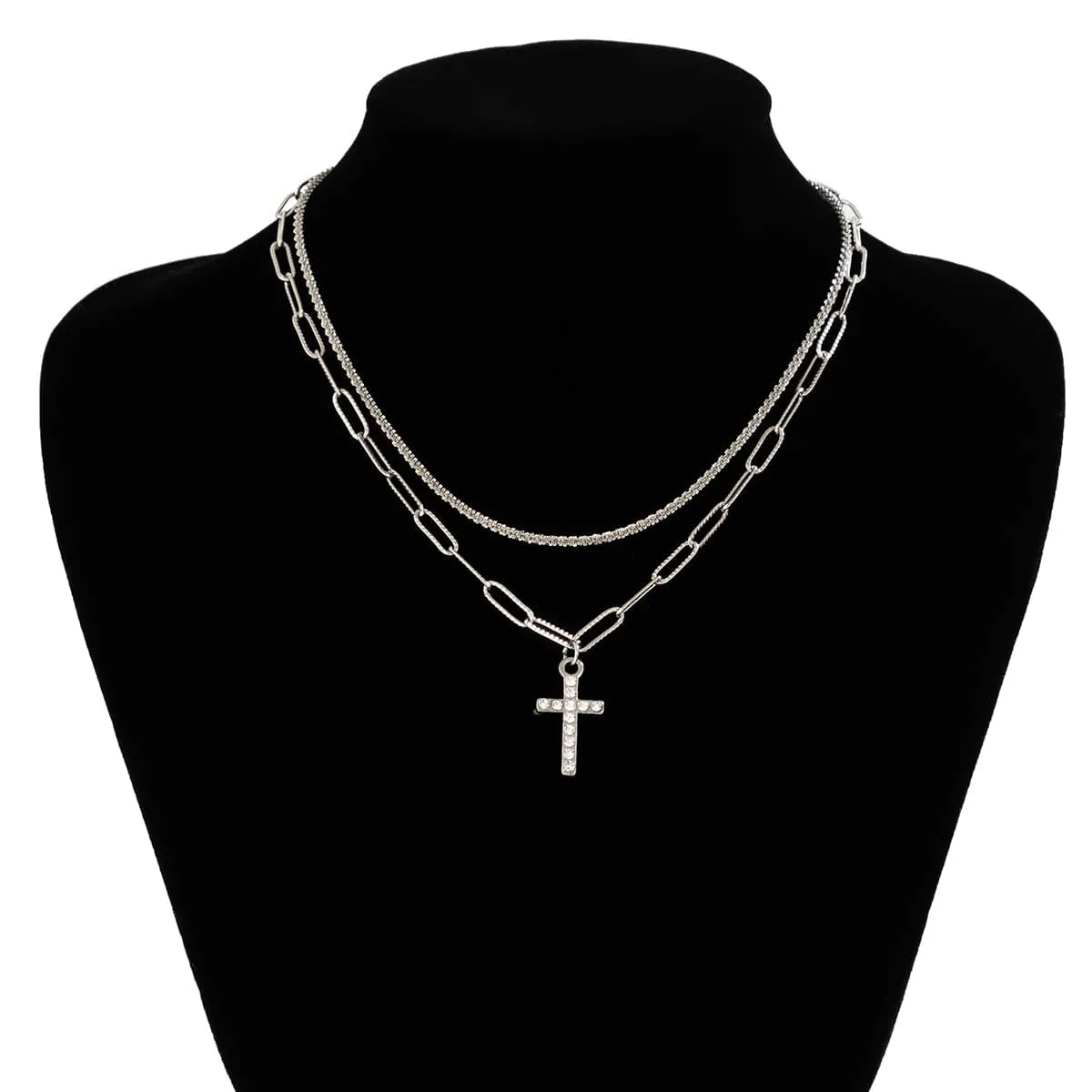 Chic Layered Rhinestone Inlaid Cross Pendant Cable Chain Necklace Set