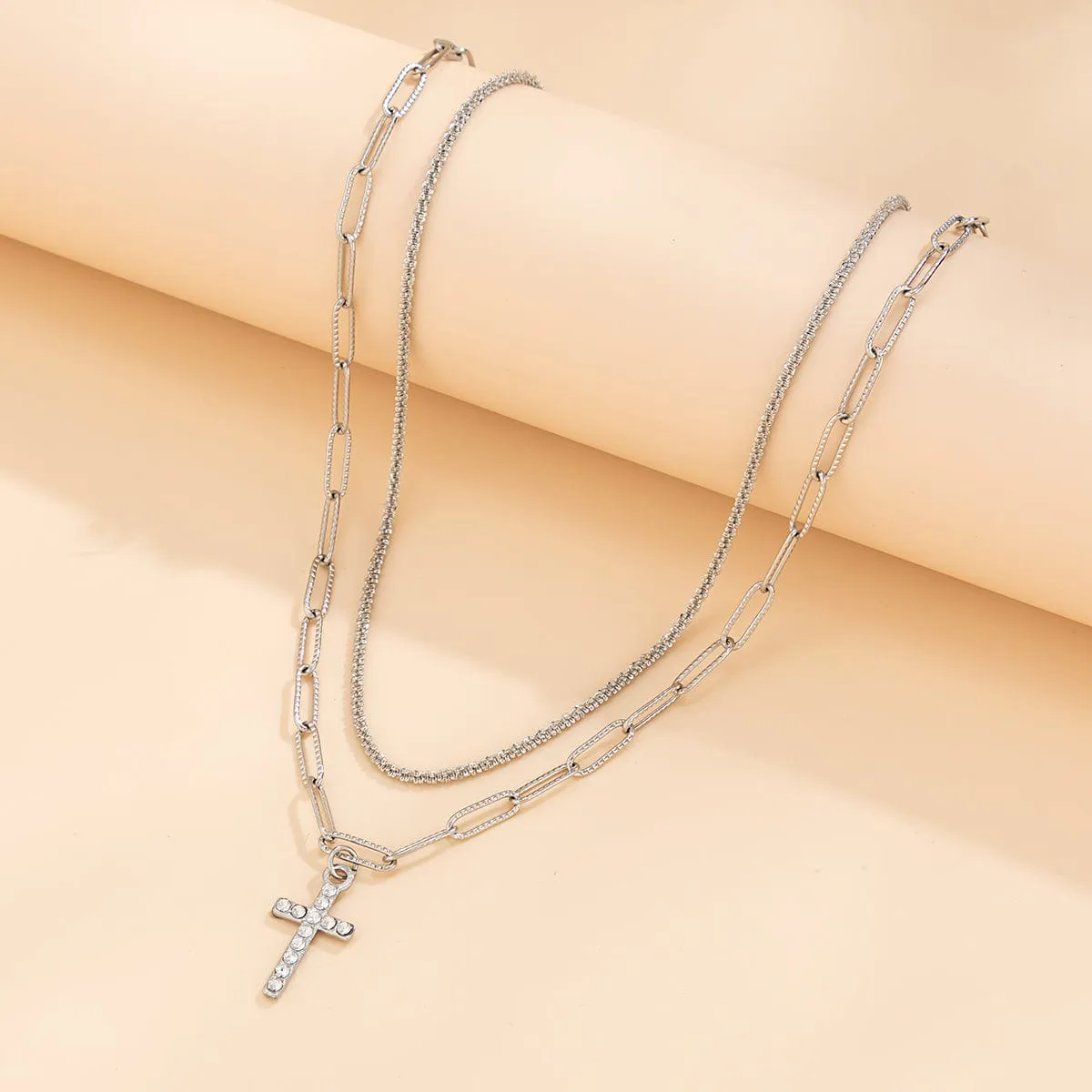 Chic Layered Rhinestone Inlaid Cross Pendant Cable Chain Necklace Set