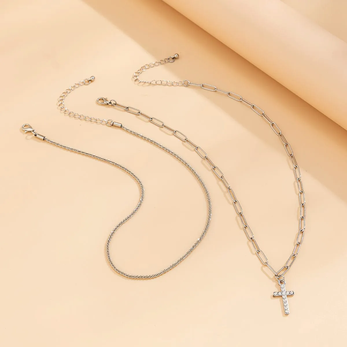 Chic Layered Rhinestone Inlaid Cross Pendant Cable Chain Necklace Set