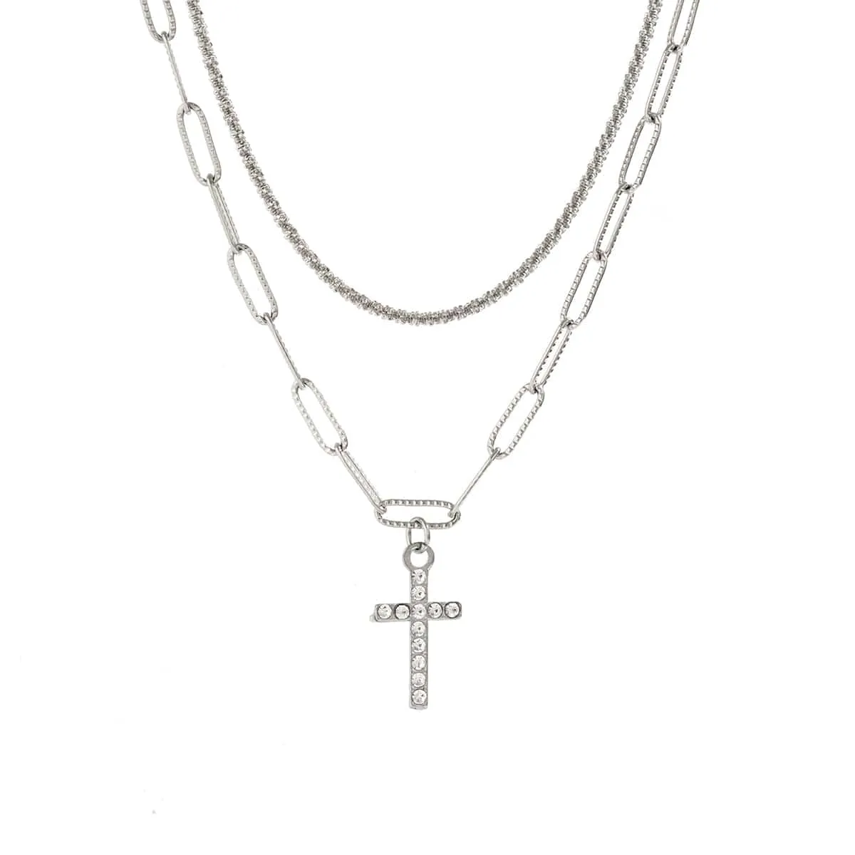 Chic Layered Rhinestone Inlaid Cross Pendant Cable Chain Necklace Set