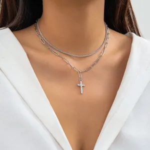 Chic Layered Rhinestone Inlaid Cross Pendant Cable Chain Necklace Set