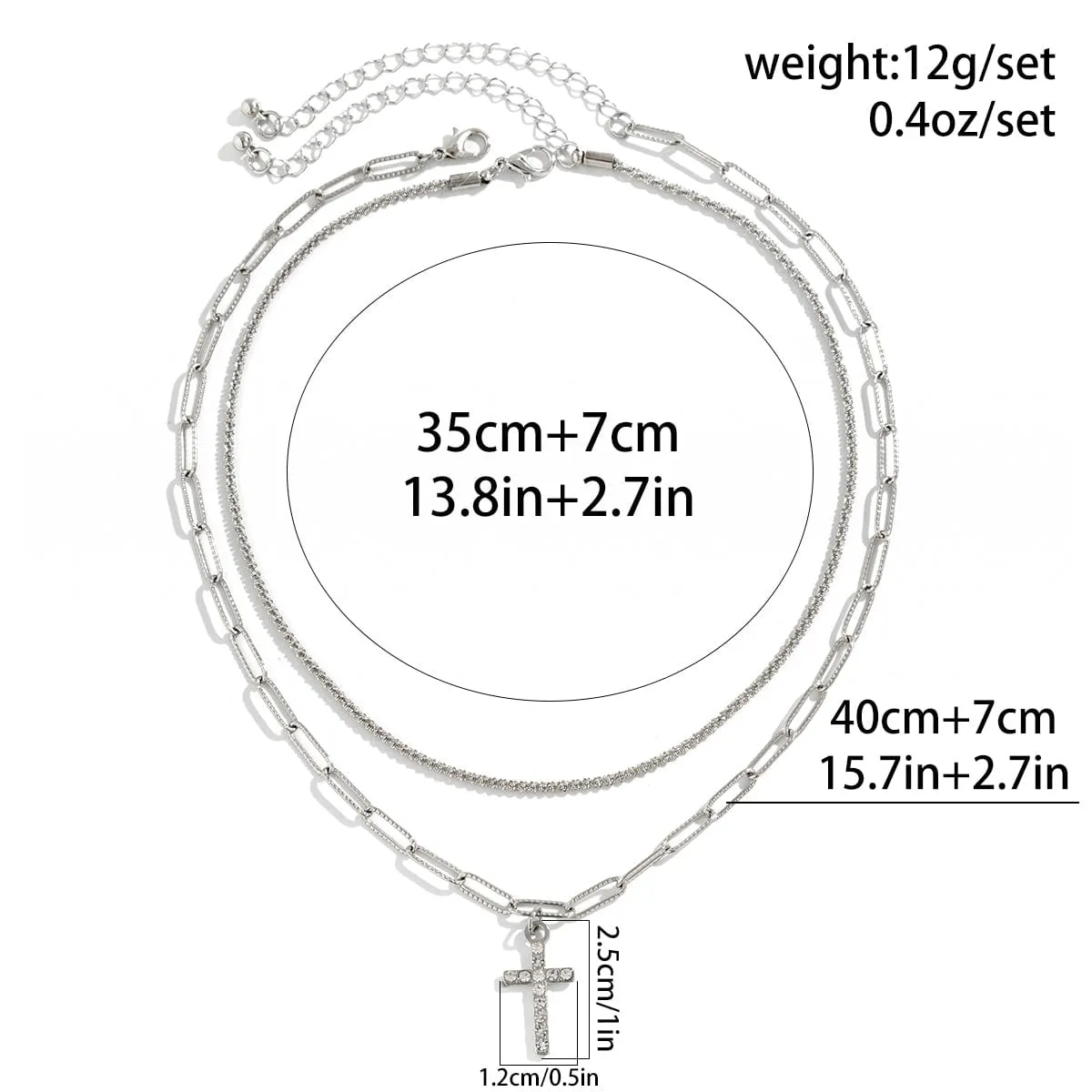 Chic Layered Rhinestone Inlaid Cross Pendant Cable Chain Necklace Set