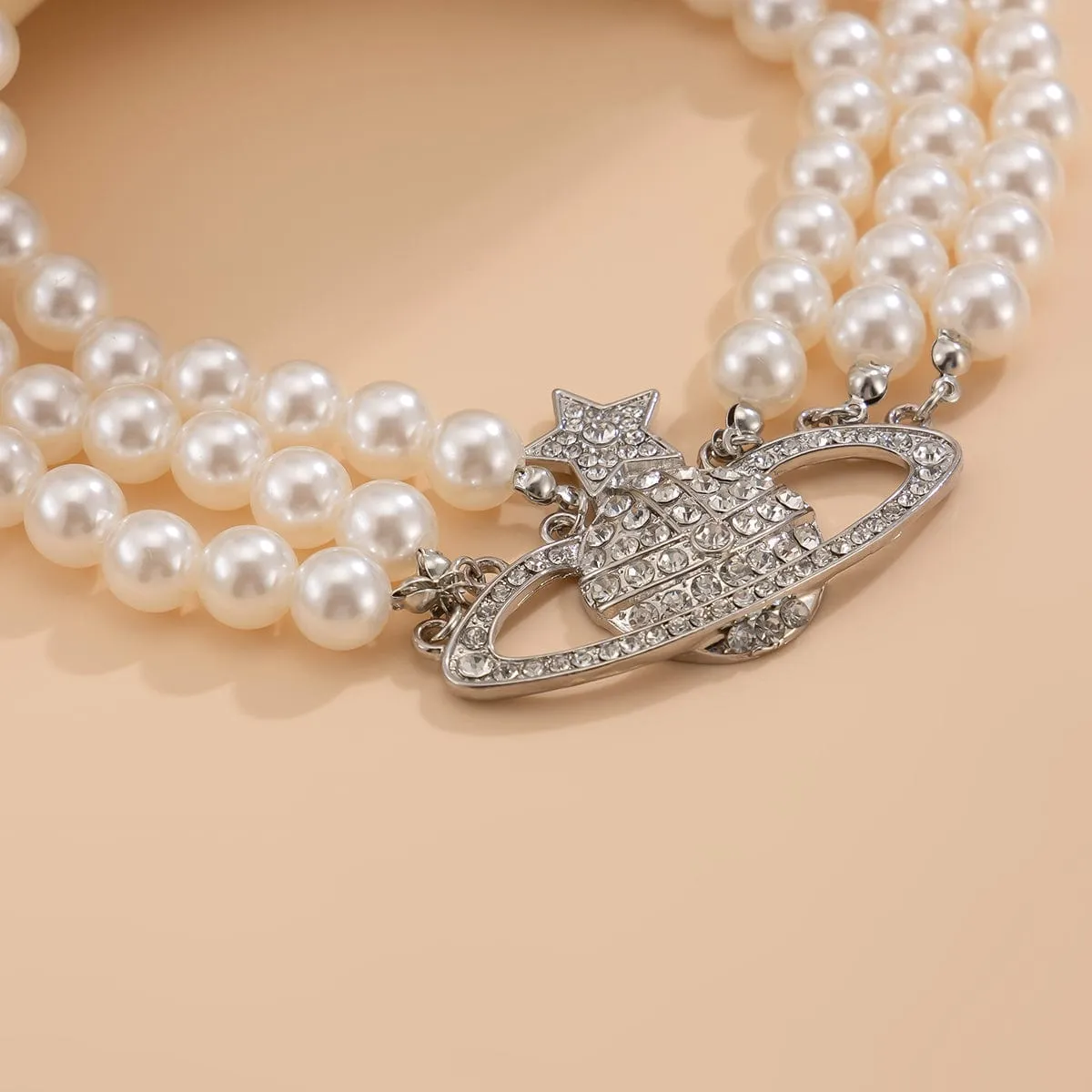 Chic Layered Rhinestone Inlaid Saturn Charm Pearl Chain Choker Necklace