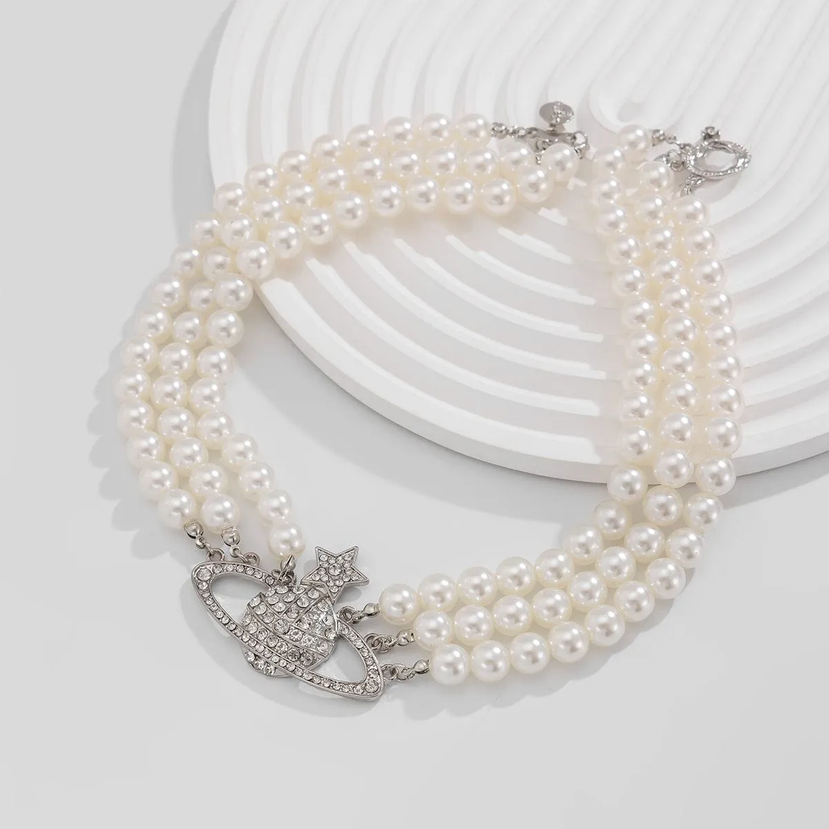 Chic Layered Rhinestone Inlaid Saturn Charm Pearl Chain Choker Necklace
