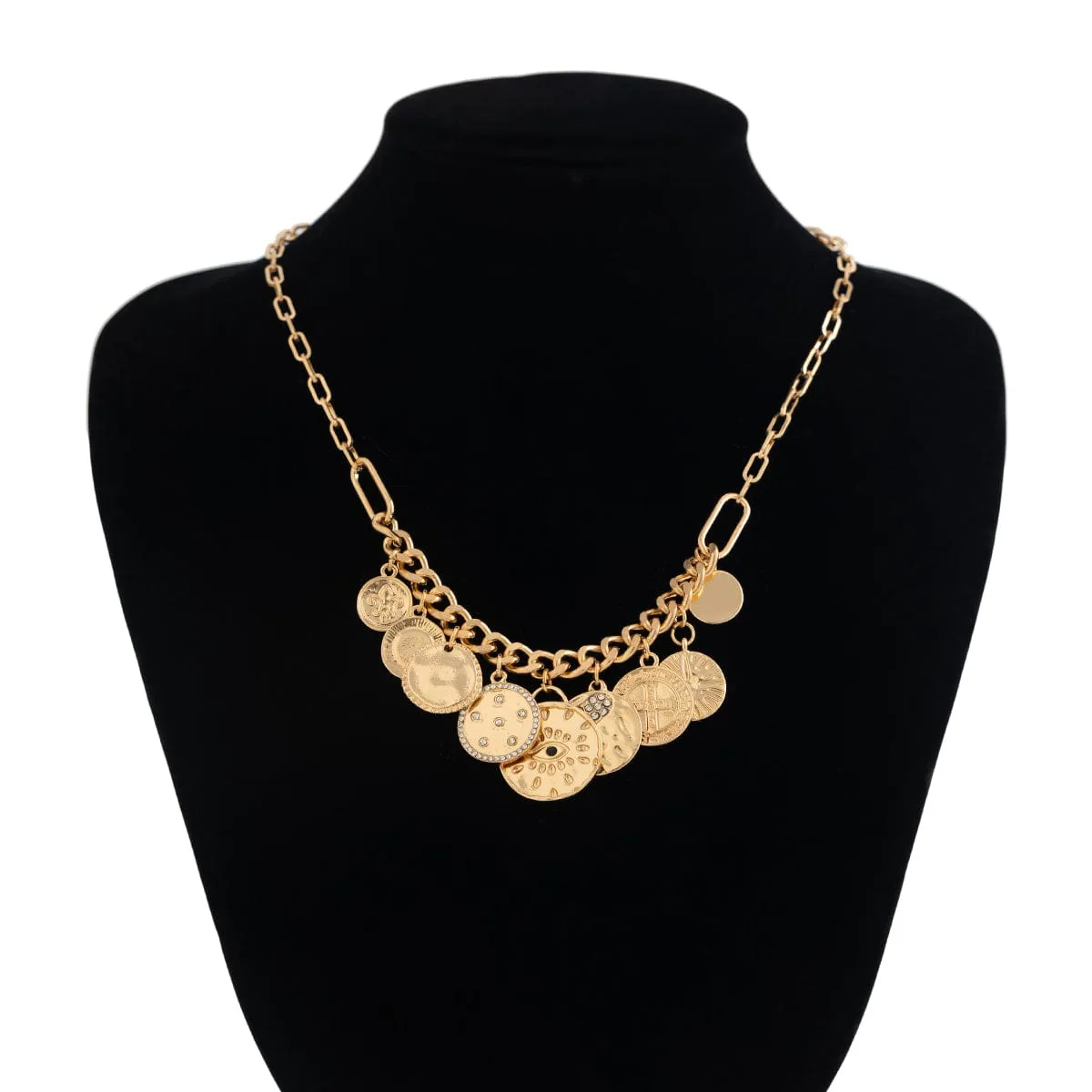Chic Rhinestone Inlaid Relief Round Disk Tassel Necklace