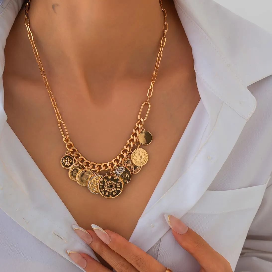Chic Rhinestone Inlaid Relief Round Disk Tassel Necklace