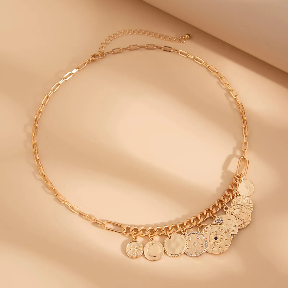 Chic Rhinestone Inlaid Relief Round Disk Tassel Necklace