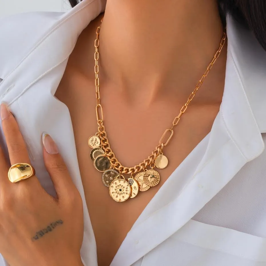 Chic Rhinestone Inlaid Relief Round Disk Tassel Necklace