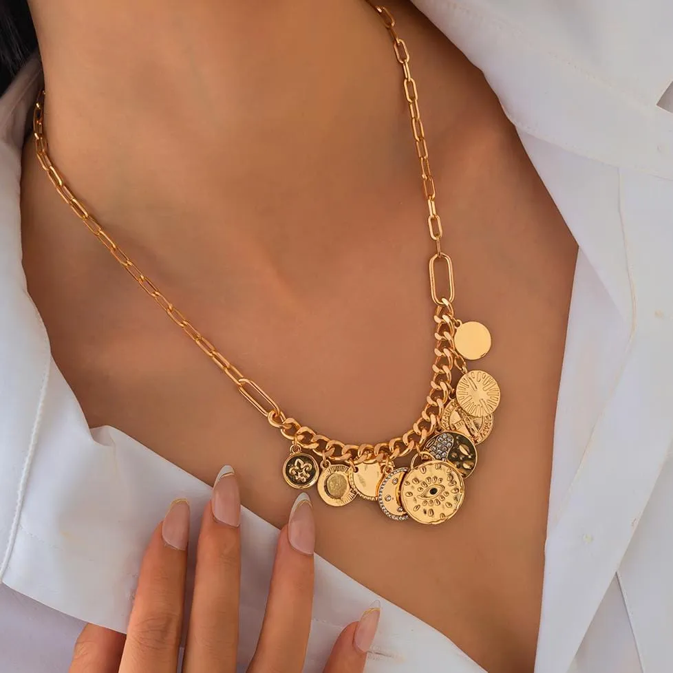 Chic Rhinestone Inlaid Relief Round Disk Tassel Necklace