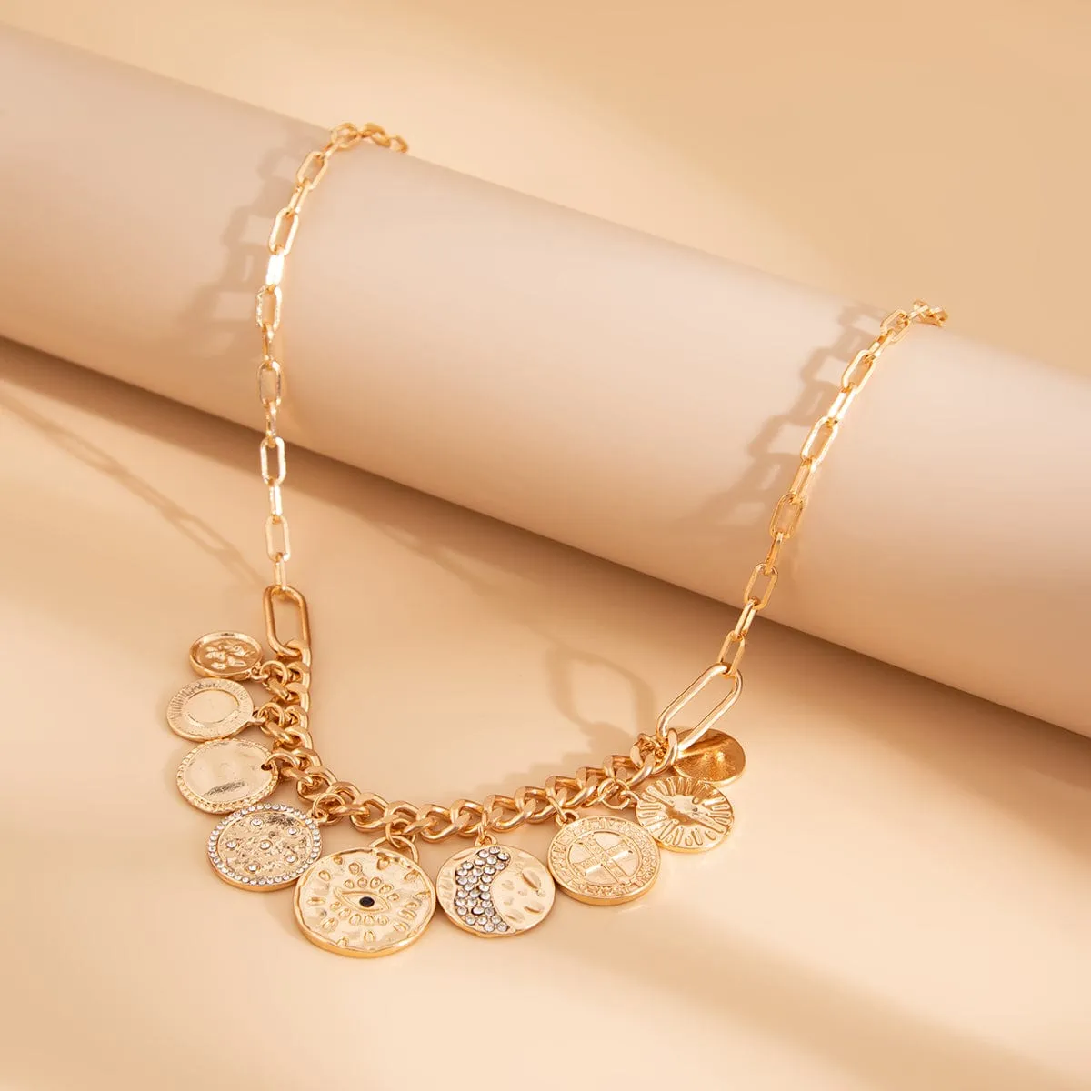 Chic Rhinestone Inlaid Relief Round Disk Tassel Necklace