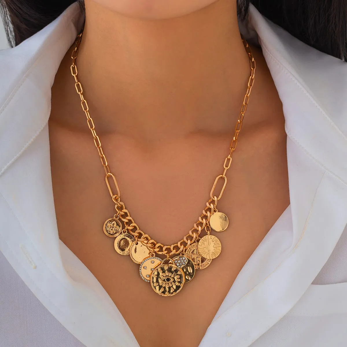 Chic Rhinestone Inlaid Relief Round Disk Tassel Necklace