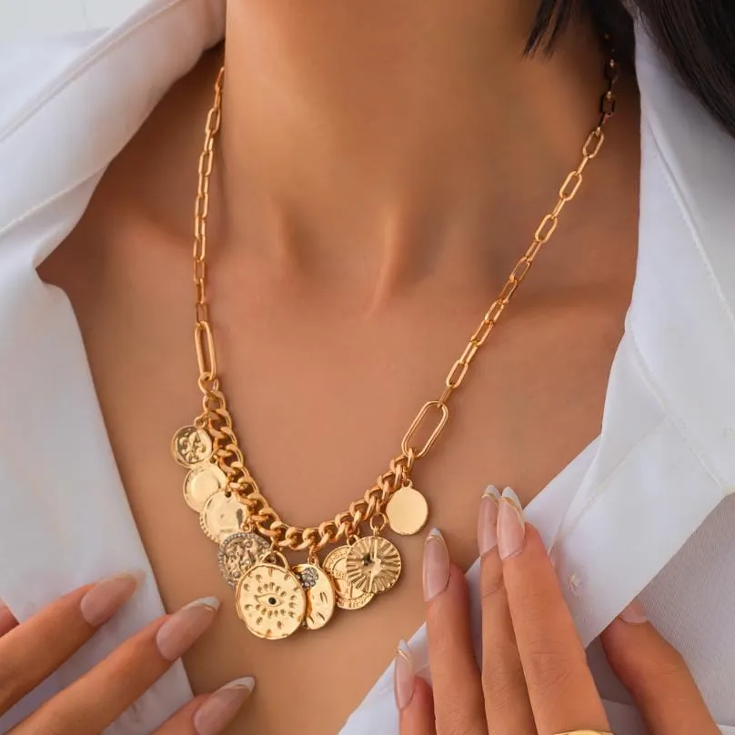 Chic Rhinestone Inlaid Relief Round Disk Tassel Necklace