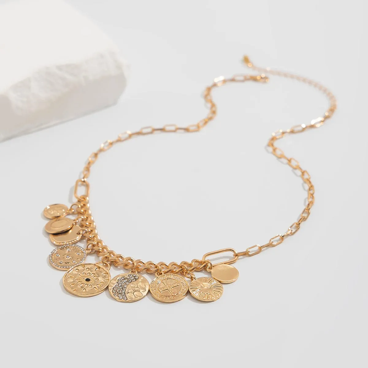 Chic Rhinestone Inlaid Relief Round Disk Tassel Necklace