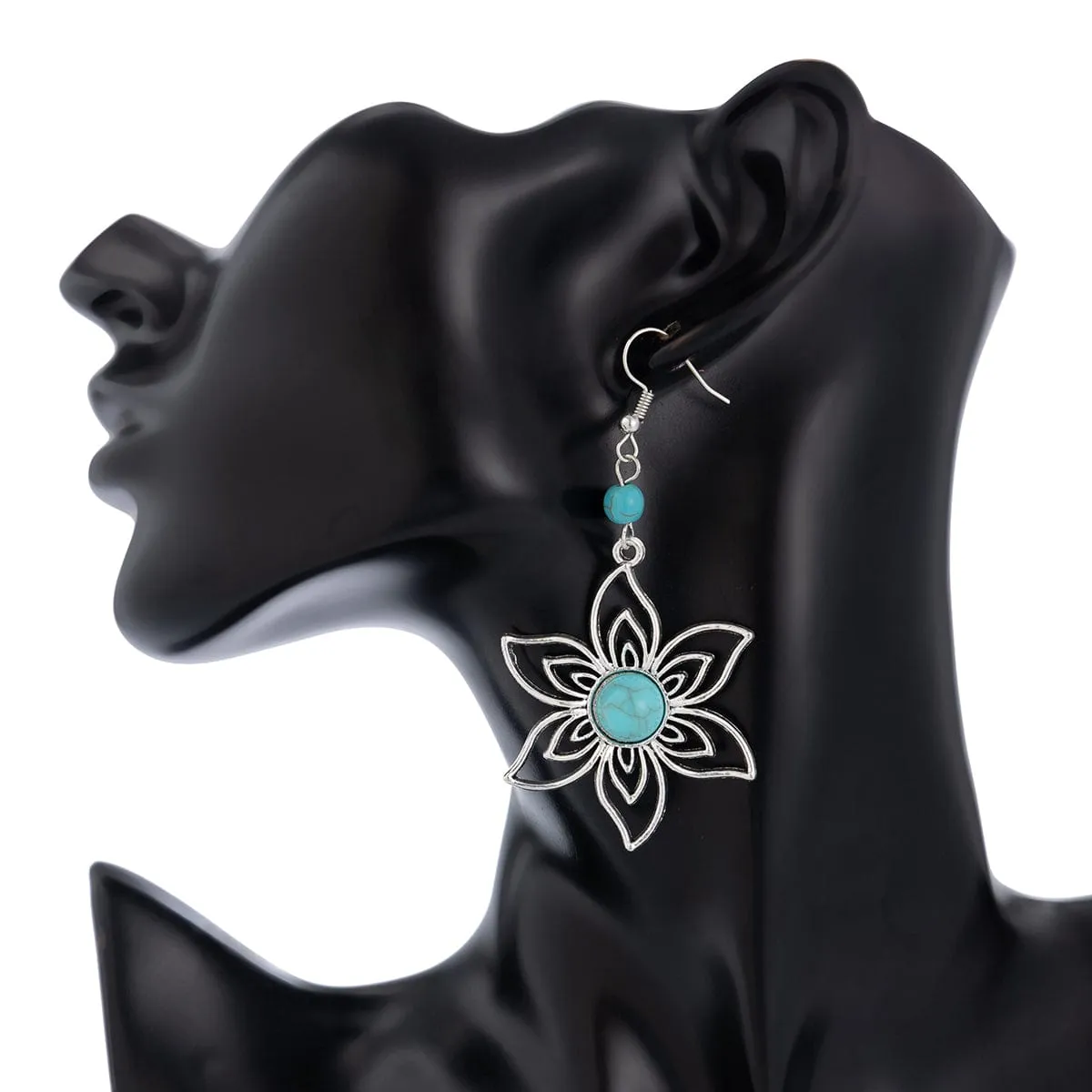 Chic Turquoise Inlaid Hollow Cherry Blossom Necklace Earrings Set