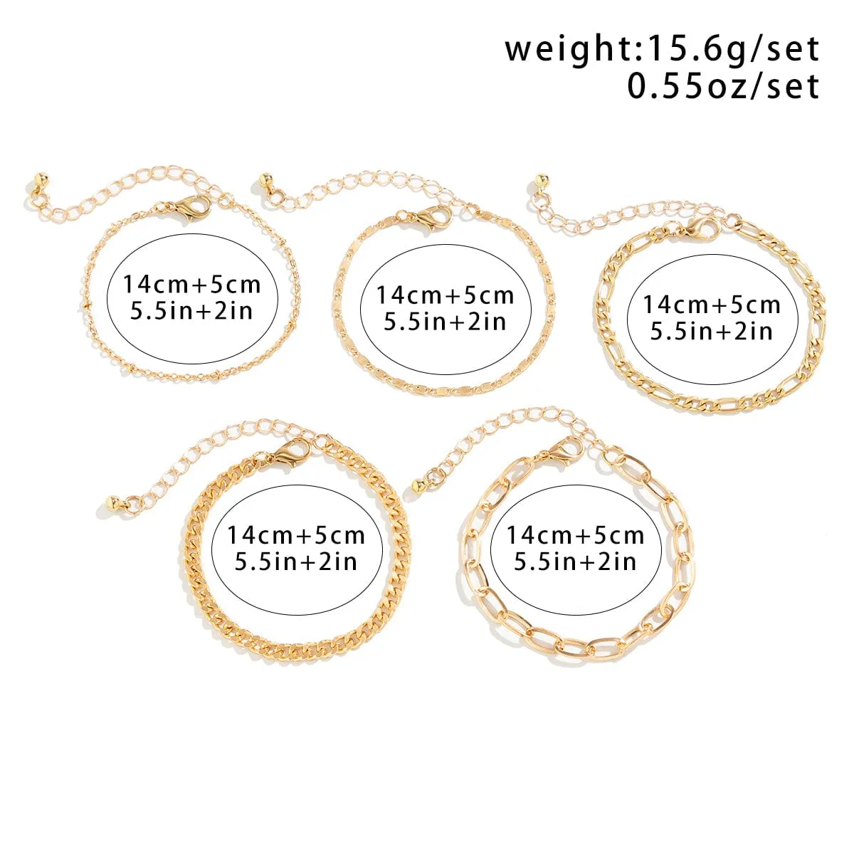 Classic 5 Pcs Cable Chain Stackable Bracelet Set