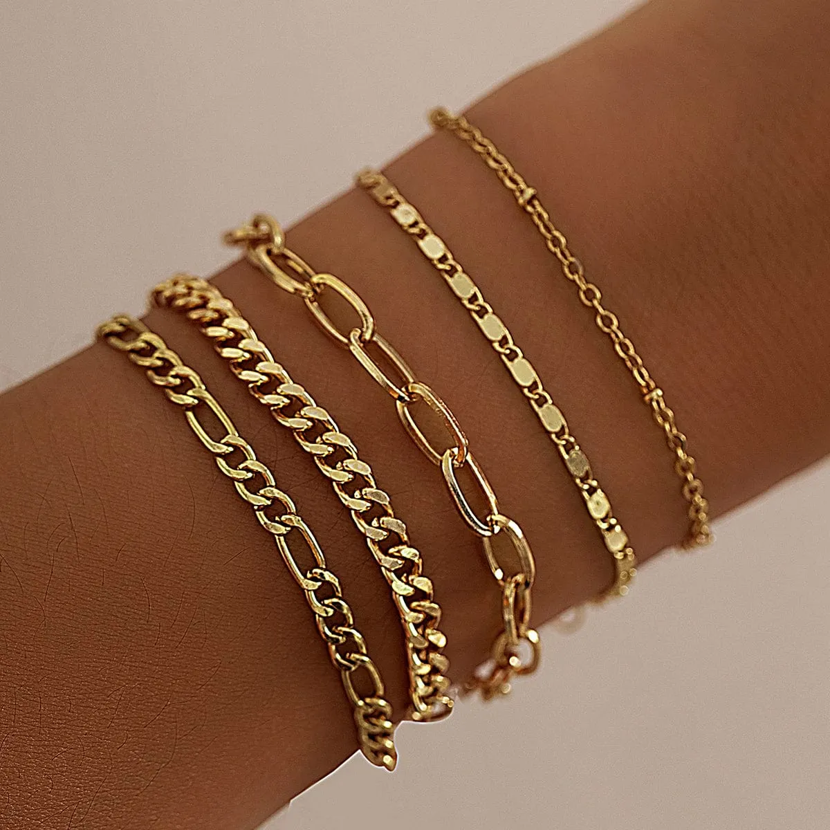 Classic 5 Pcs Cable Chain Stackable Bracelet Set