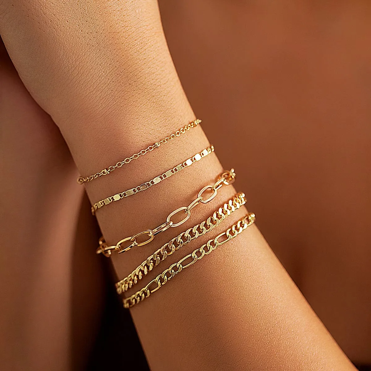 Classic 5 Pcs Cable Chain Stackable Bracelet Set