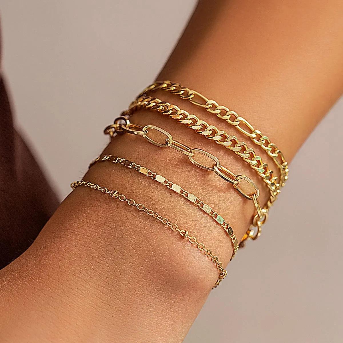 Classic 5 Pcs Cable Chain Stackable Bracelet Set