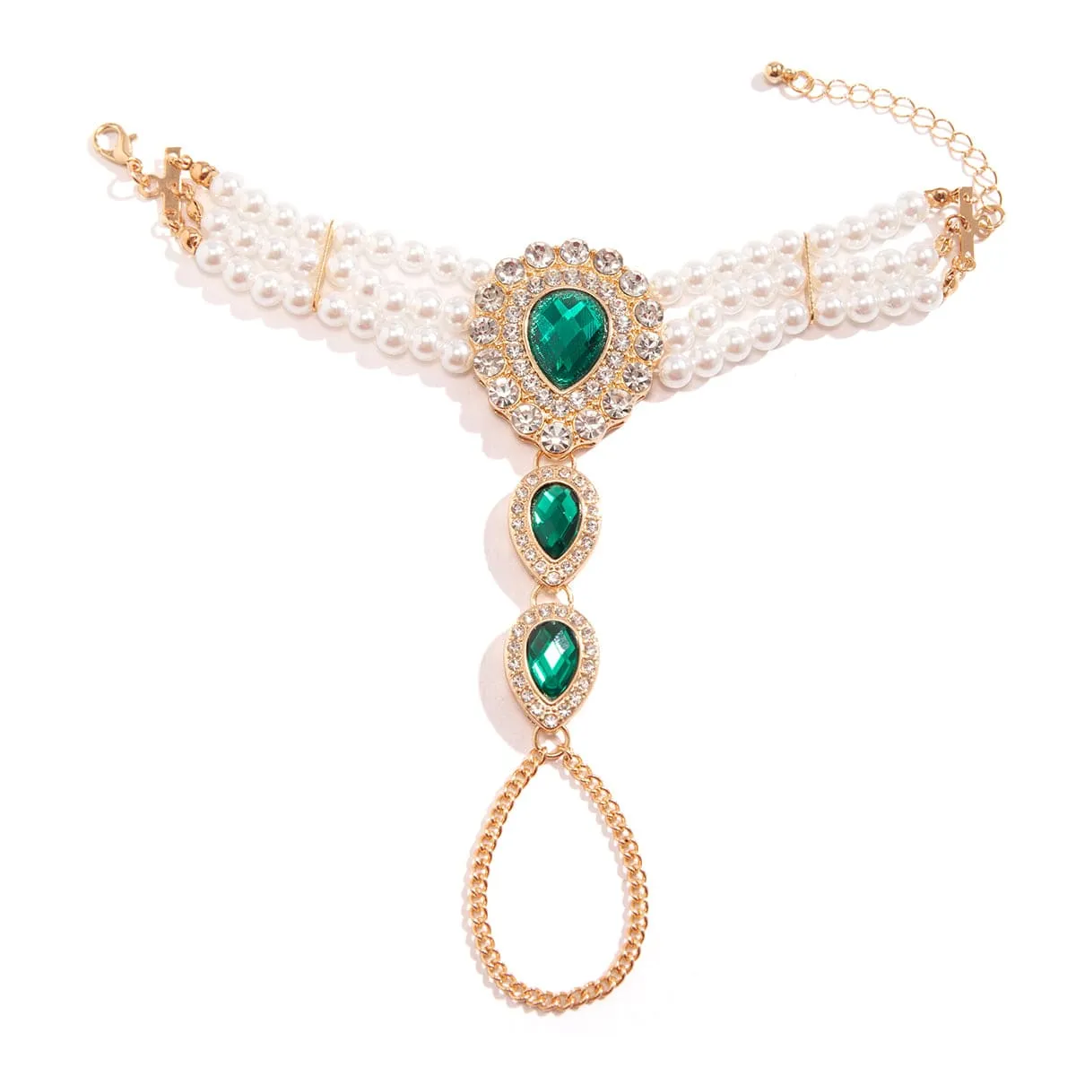 Classic Layered Emerald CZ Inlaid Pearl Chain Bracelet