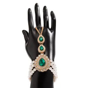Classic Layered Emerald CZ Inlaid Pearl Chain Bracelet