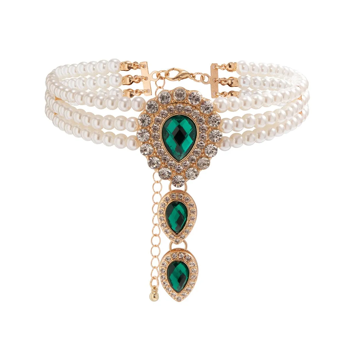 Classic Layered Emerald CZ Inlaid Waterdrop Pendant Pearl Chain Choker Necklace