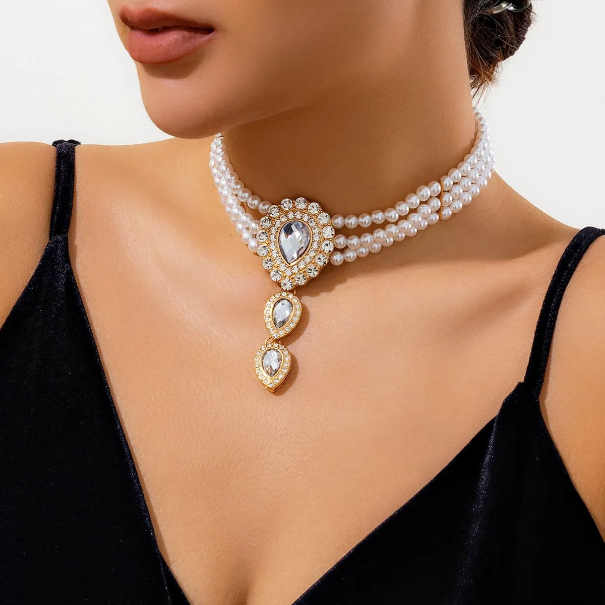 Classic Layered Emerald CZ Inlaid Waterdrop Pendant Pearl Chain Choker Necklace