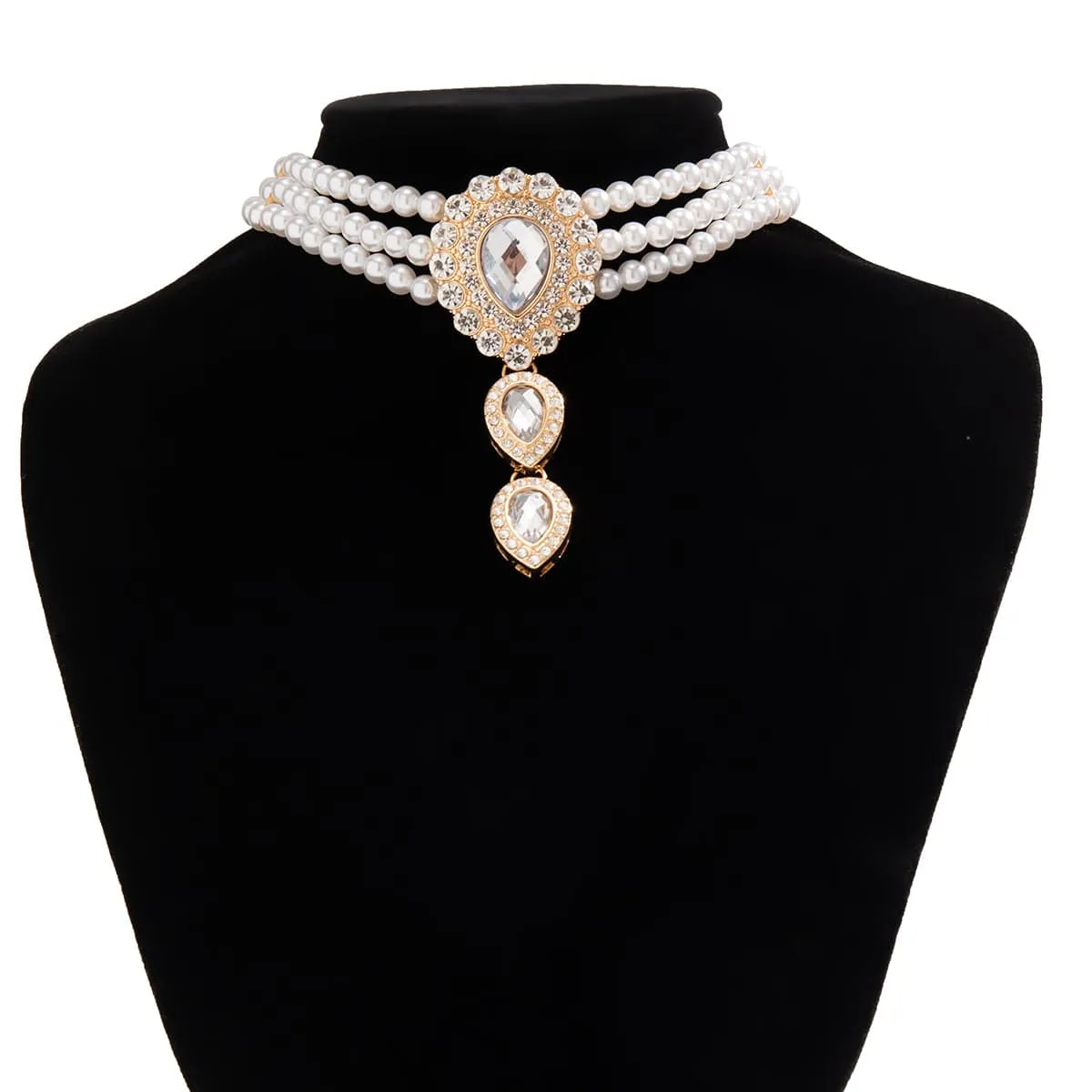 Classic Layered Emerald CZ Inlaid Waterdrop Pendant Pearl Chain Choker Necklace