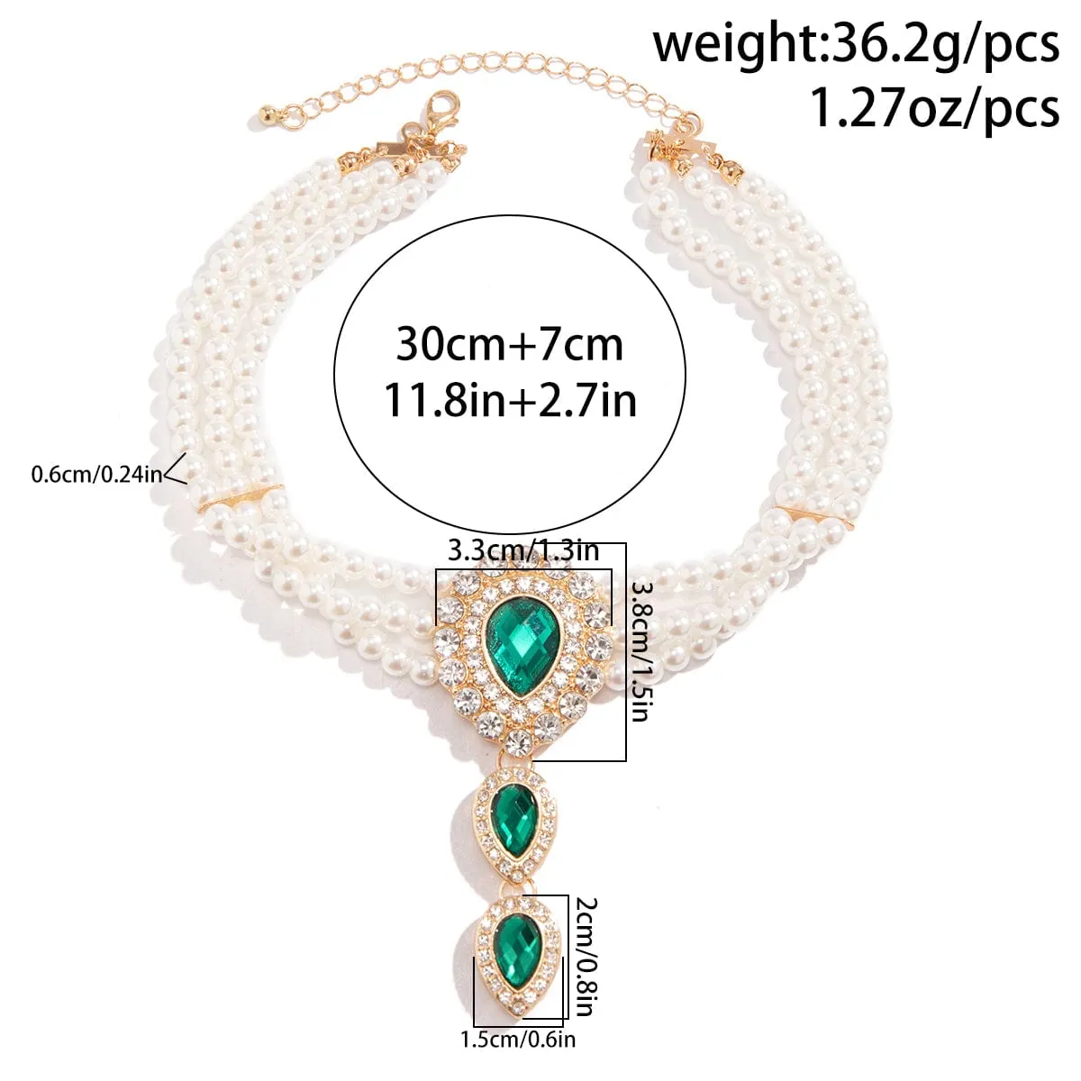 Classic Layered Emerald CZ Inlaid Waterdrop Pendant Pearl Chain Choker Necklace