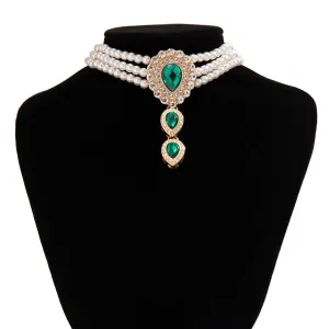 Classic Layered Emerald CZ Inlaid Waterdrop Pendant Pearl Chain Choker Necklace