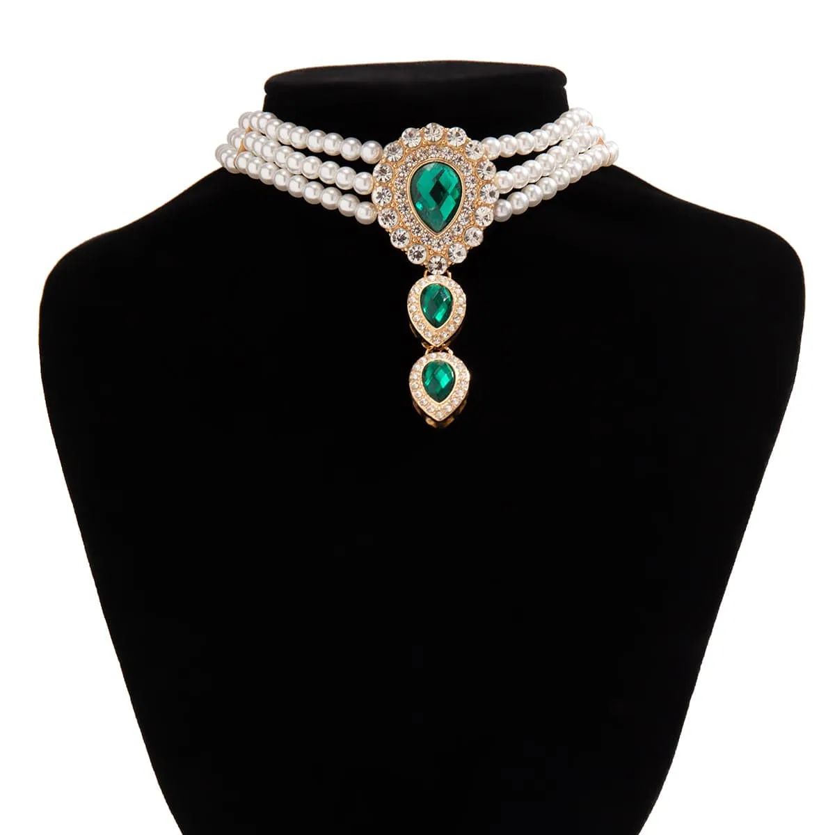 Classic Layered Emerald CZ Inlaid Waterdrop Pendant Pearl Chain Choker Necklace
