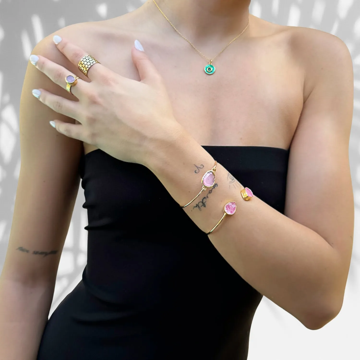Cleopatra Pink Agate Gemstone Gold Cuff Bracelet