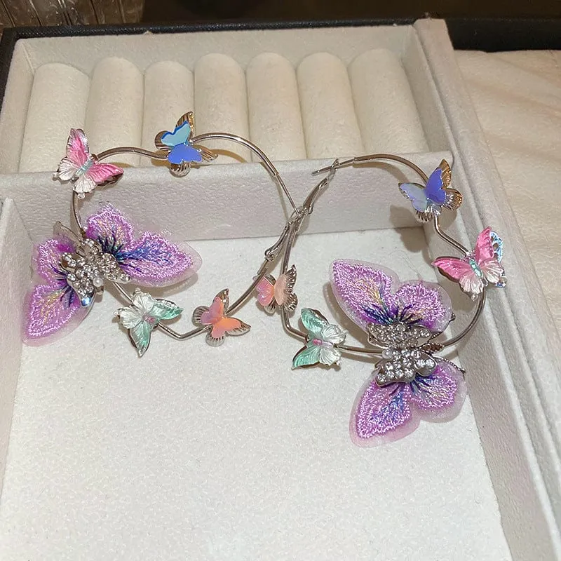Colorful Rhinestone Inlaid Embroidery Butterfly Heart Hoop Earrings