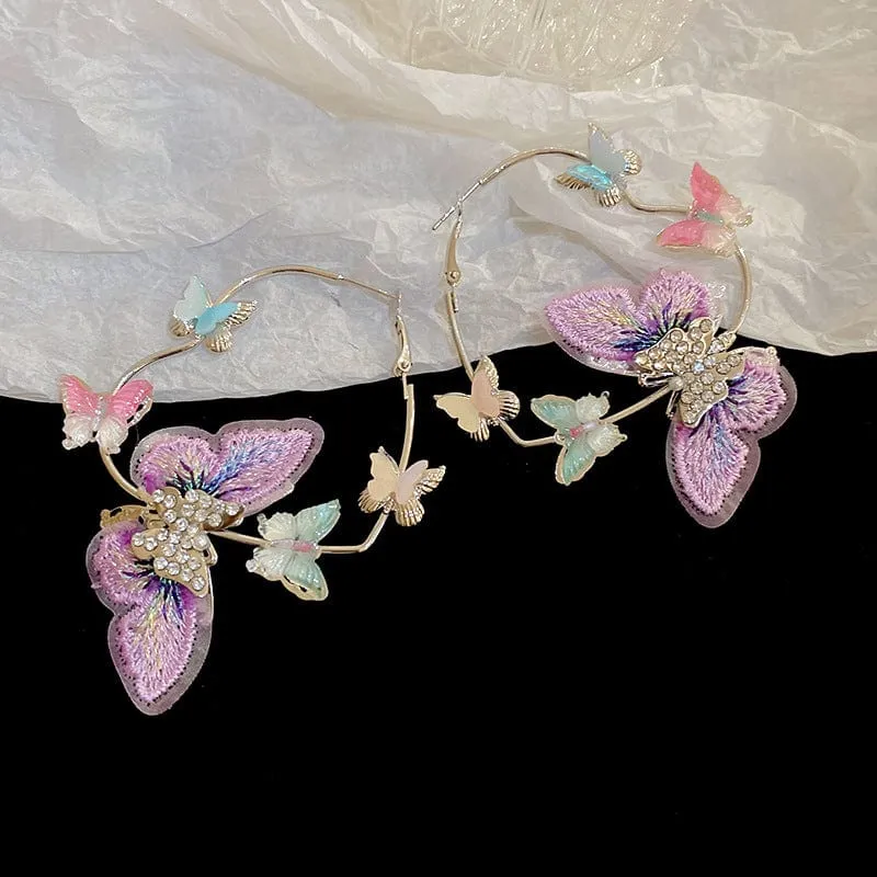Colorful Rhinestone Inlaid Embroidery Butterfly Heart Hoop Earrings