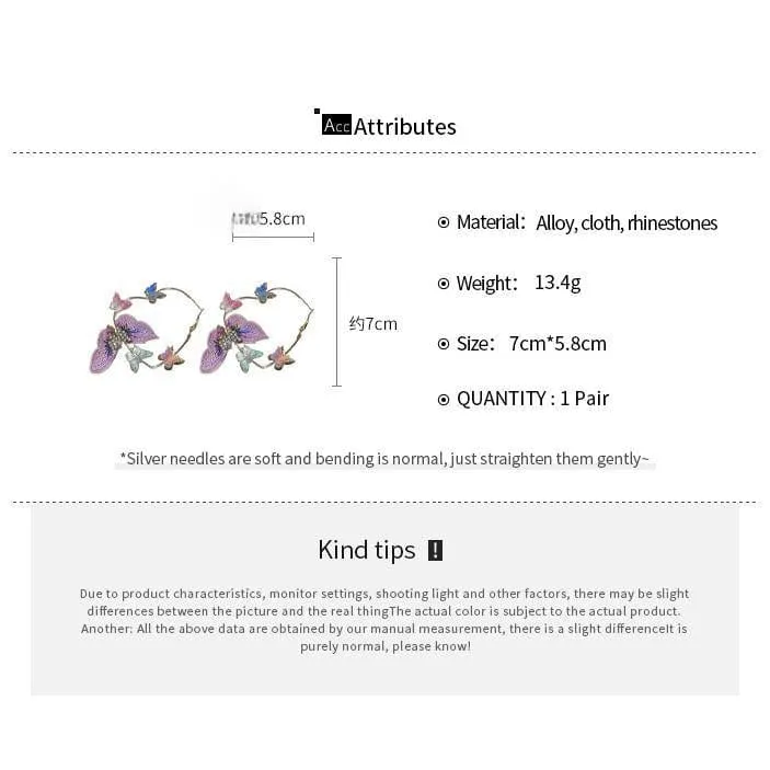 Colorful Rhinestone Inlaid Embroidery Butterfly Heart Hoop Earrings