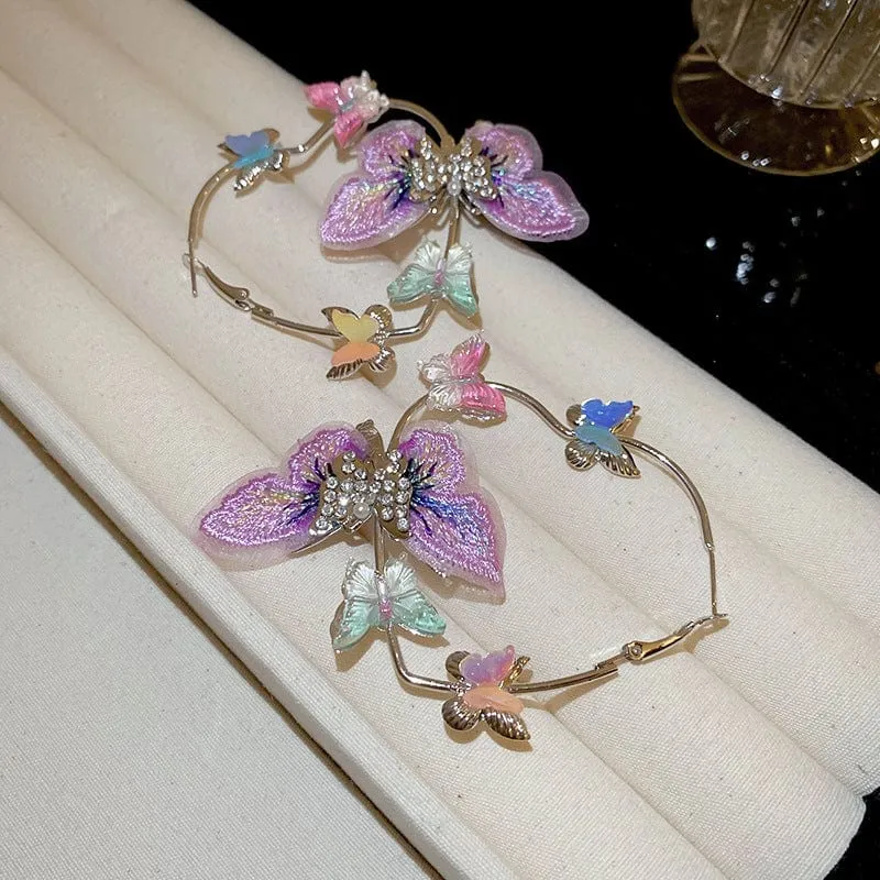 Colorful Rhinestone Inlaid Embroidery Butterfly Heart Hoop Earrings