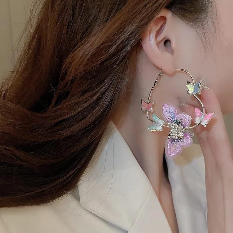 Colorful Rhinestone Inlaid Embroidery Butterfly Heart Hoop Earrings