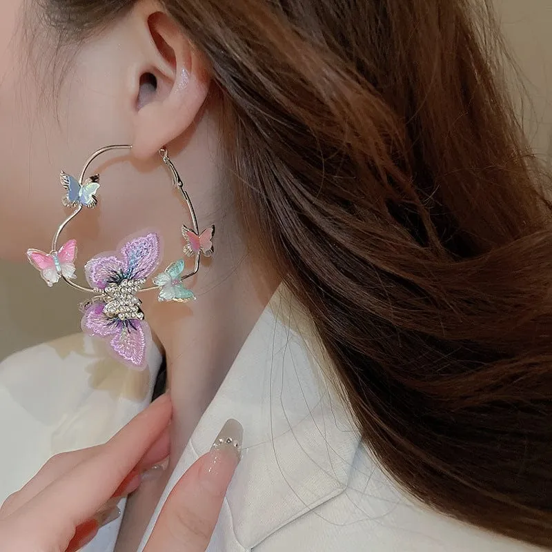 Colorful Rhinestone Inlaid Embroidery Butterfly Heart Hoop Earrings