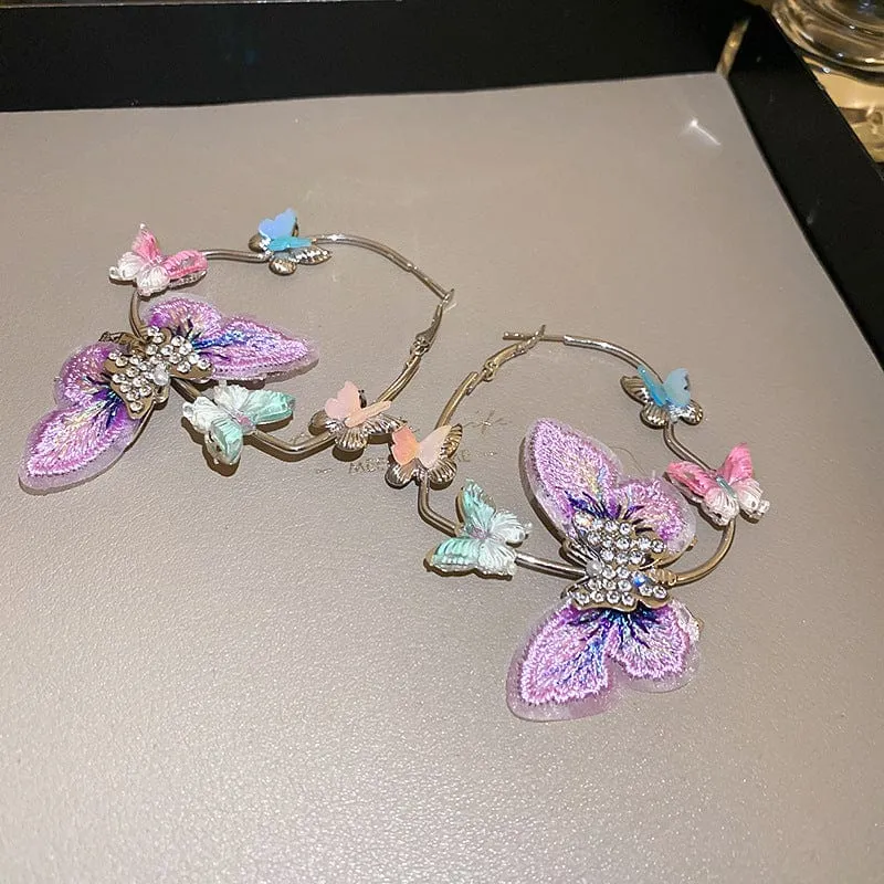 Colorful Rhinestone Inlaid Embroidery Butterfly Heart Hoop Earrings