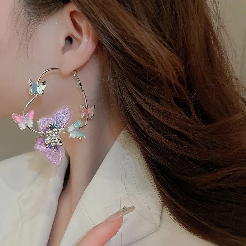 Colorful Rhinestone Inlaid Embroidery Butterfly Heart Hoop Earrings