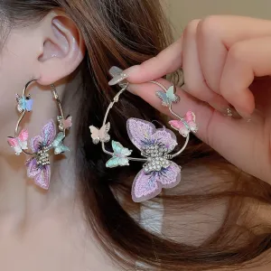 Colorful Rhinestone Inlaid Embroidery Butterfly Heart Hoop Earrings