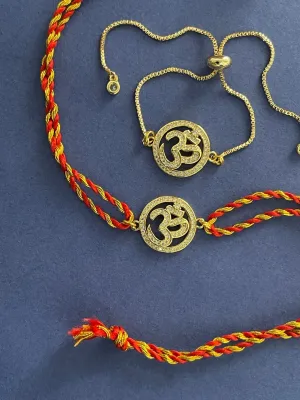 (Combo of 2) Unique Gold Plated Diamond Studded Om Rakhi Thread & Bracelet For Raksha Bandhan