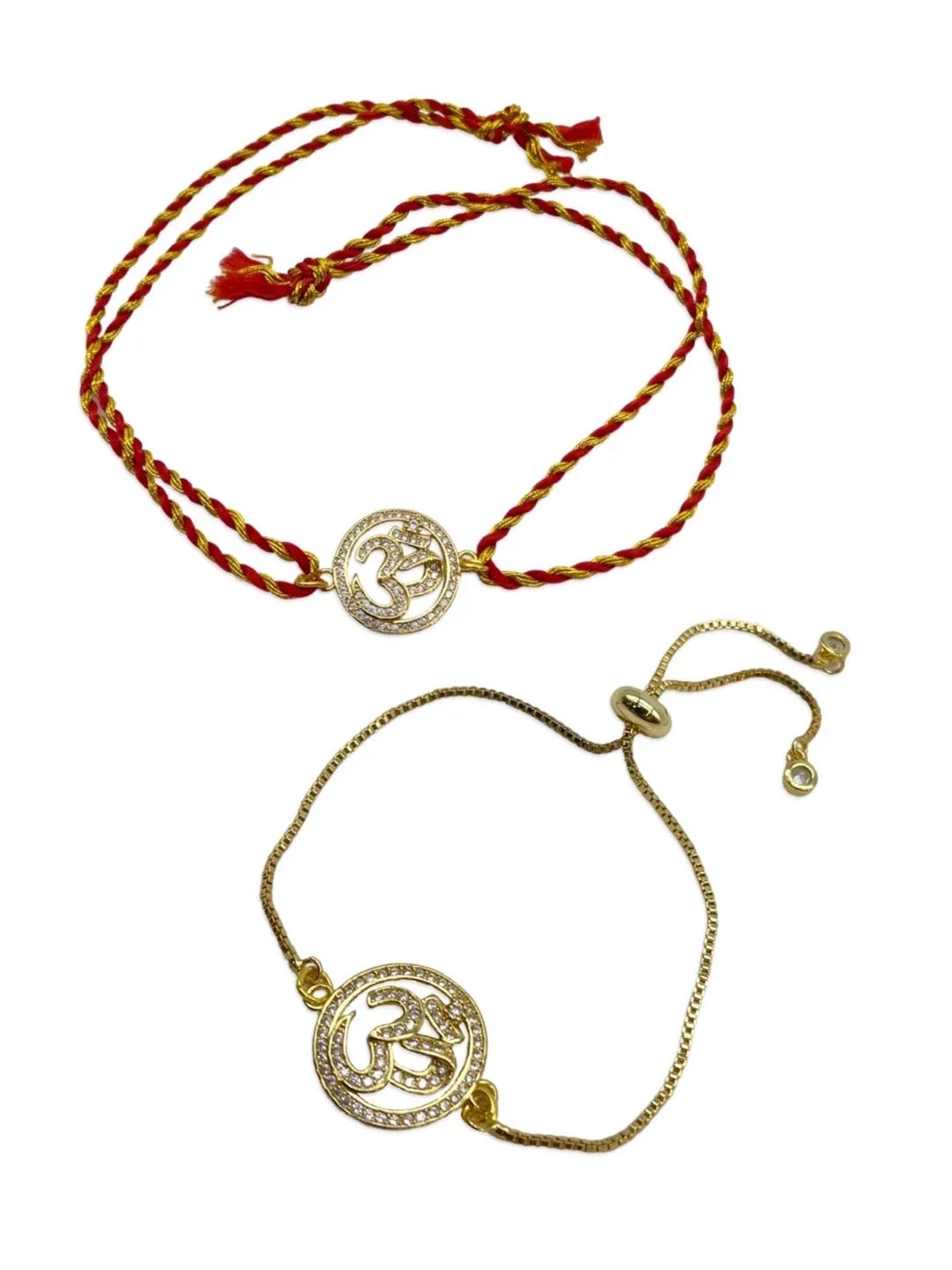 (Combo of 2) Unique Gold Plated Diamond Studded Om Rakhi Thread & Bracelet For Raksha Bandhan